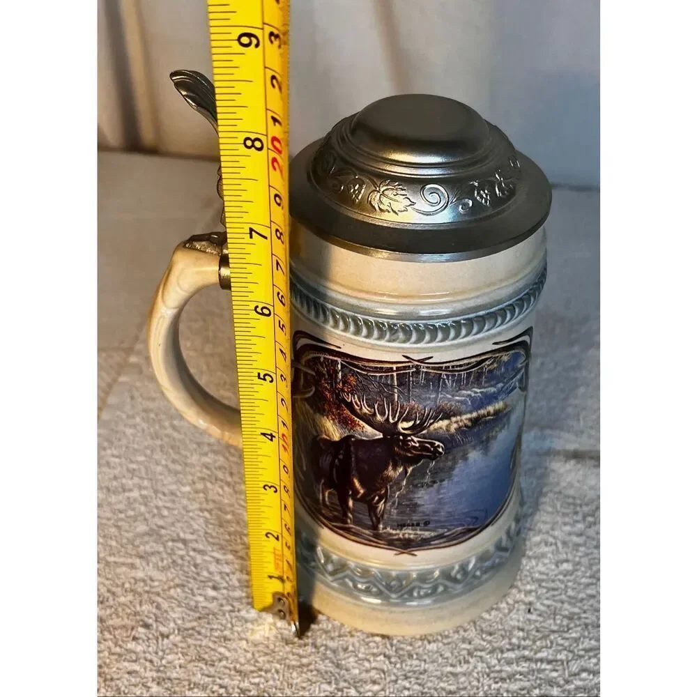 Vtg GERZ Germany Pewter Lidded Stein Features Moose Artwork By James A. Meager